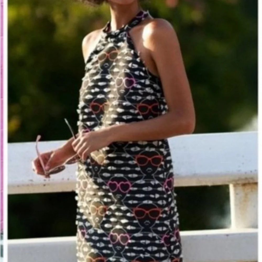 Hutch Anthropologie Pink/Black Sleeveless Halter Dress Novelty Sunglasses Print